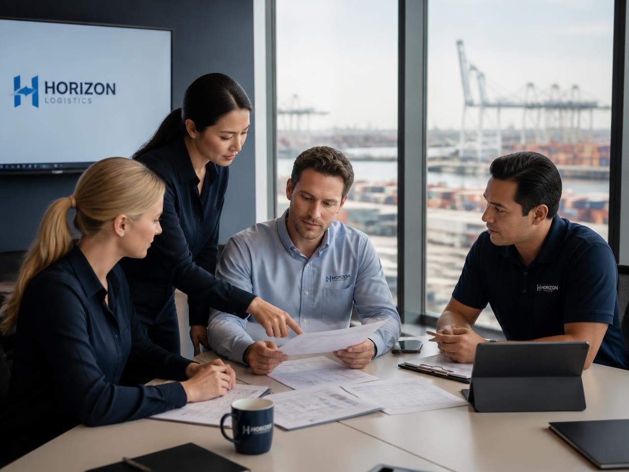 Logistics operations team reviewing freight documents at a port office
