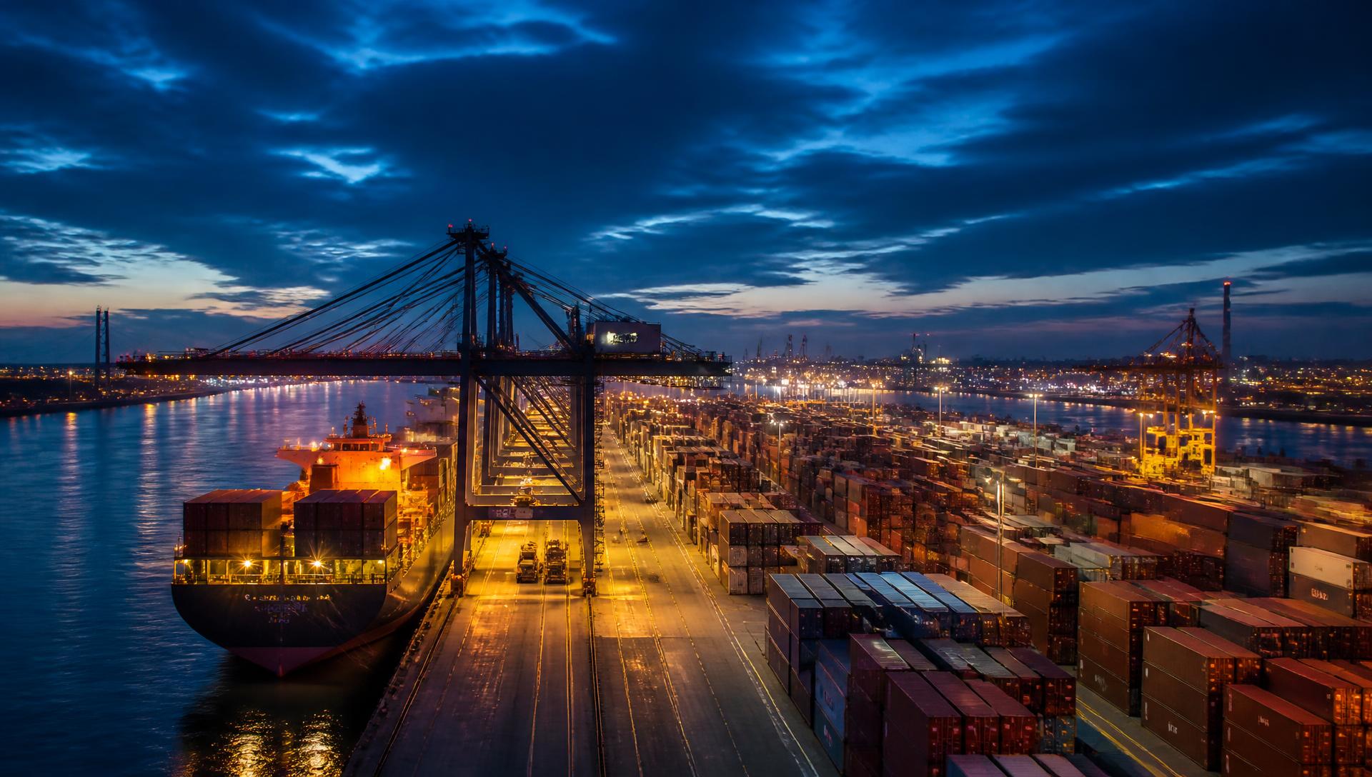Container terminal at dusk with cargo ship and gantry cranes